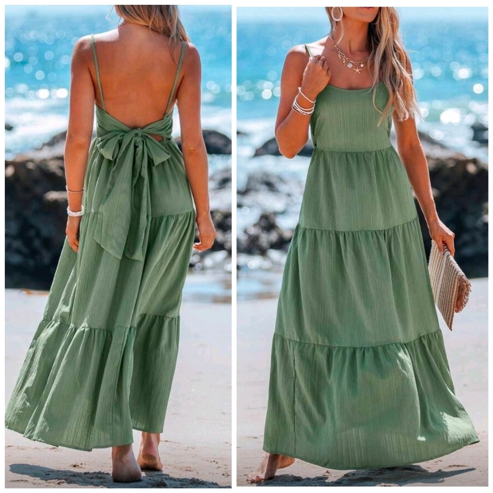 New Flowy Relaxed Tiered Back Tie Cami Maxi Dress Green